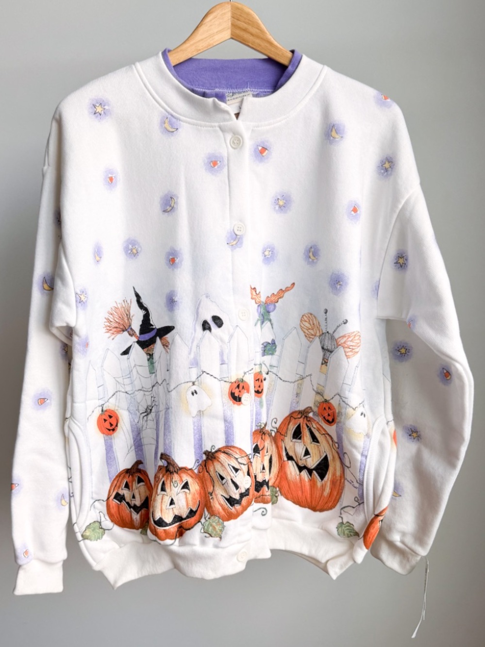Vtg Y2K Artisans Halloween All Over Print Cardigan Sweatshirt NWT L AOP